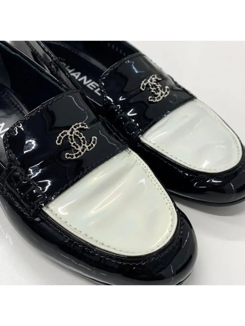 Chanel Patent Coco Mark Chain Loafers Black White